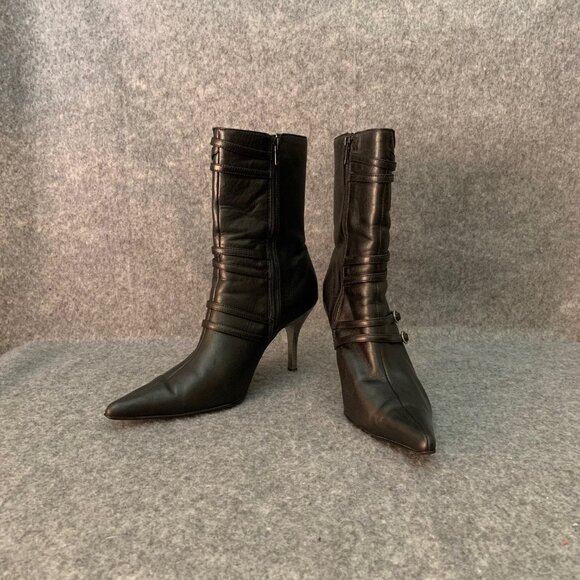 Bata Women’s Straps Black Pointy Toe Side Zip Heel Boots - Picture 4 of 13